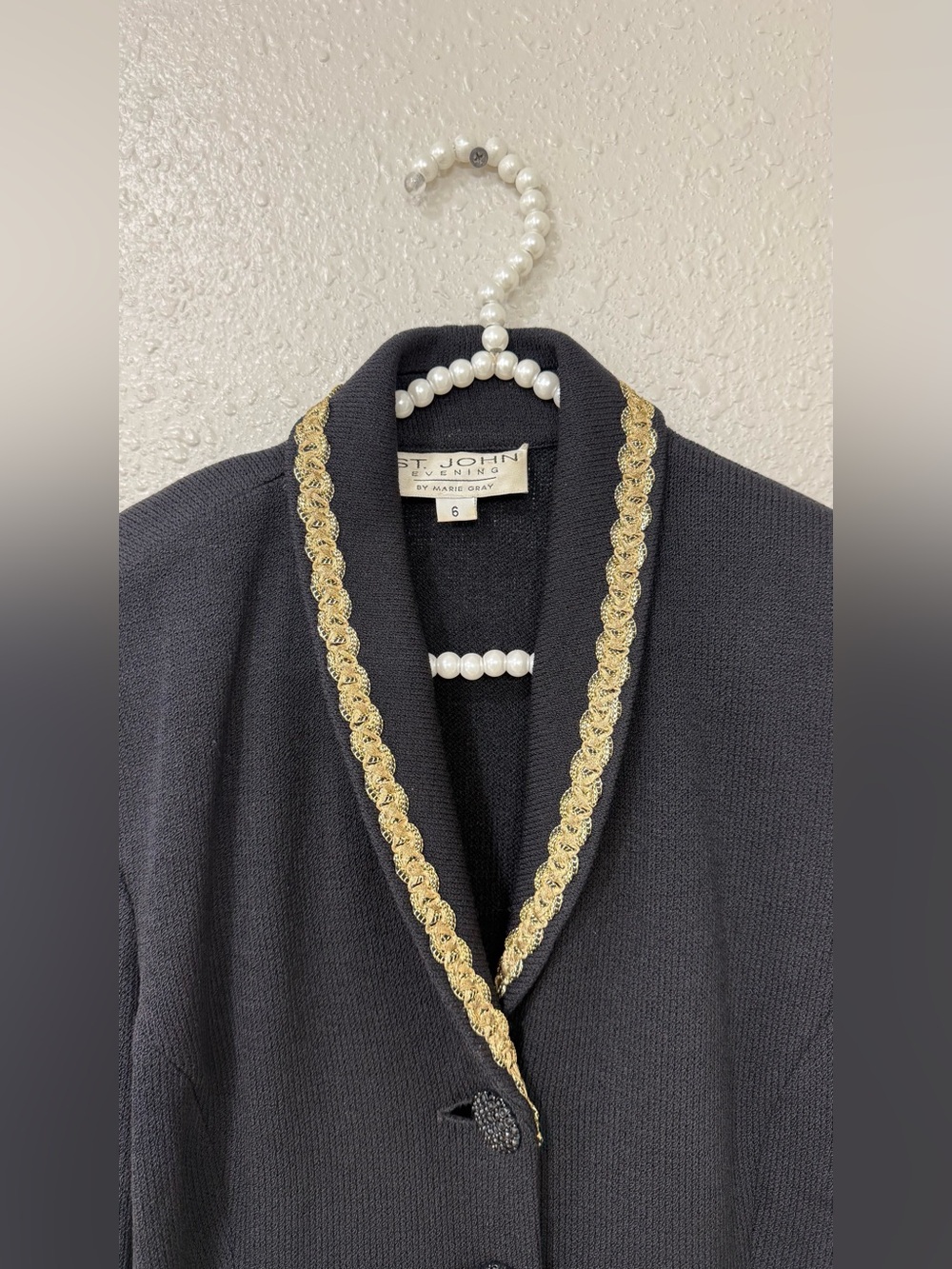 Vintage St John Evening Marie Gray Black Gold Long Knit Jacket Sz 6 Jeweled - Picture 3 of 10